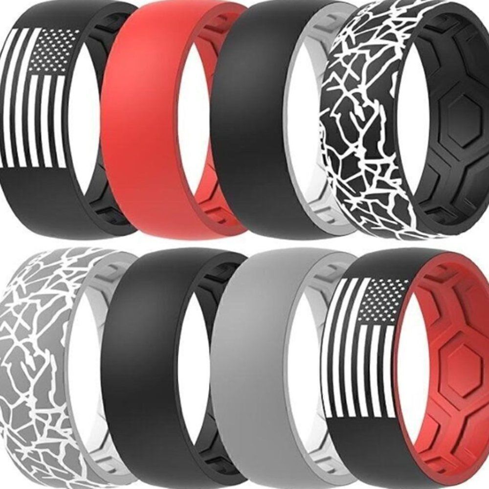 Breathable Design Men's Silicone Ring/Band - Set of 8 - Size 15.5/16